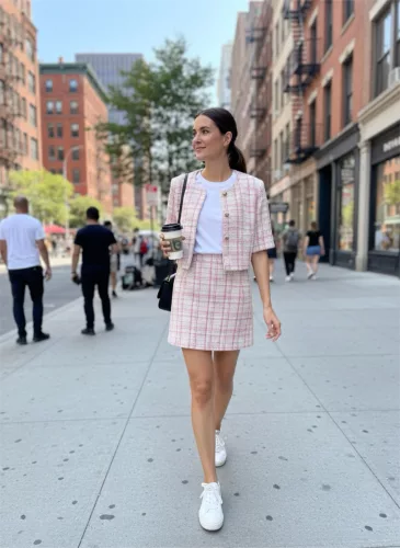 BeUnique Fashion A vonalú tweed koczkás szoknya Pink L Size