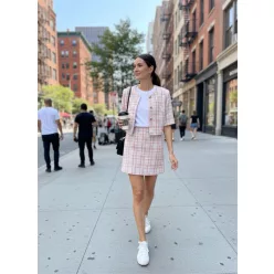   BeUnique Fashion A vonalú tweed koczkás szoknya Pink M Size