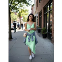   BeUnique Fashion szatén csipkeszegős ruha Mint Green One Size