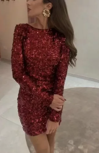 Beunique Fashion Bársony flitteres mini ruha hátán dekoltált Burgundy One Size