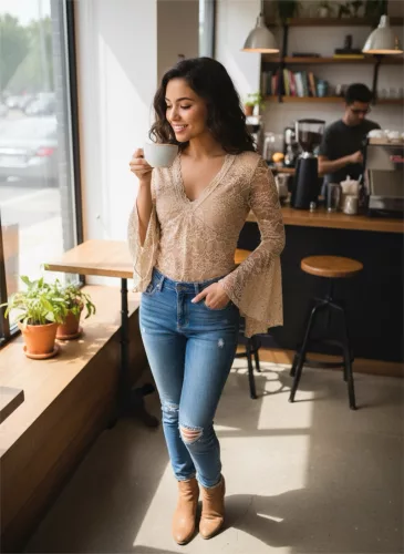 BeUnique Fashion csipke felső zsabós ujjal Beige One Size