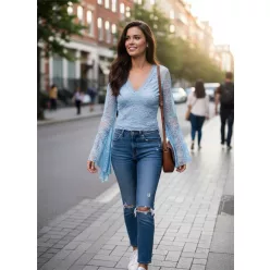   BeUnique Fashion csipke felső zsabós ujjal Light Blue One Size