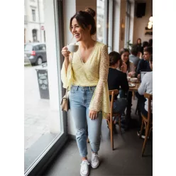 BeUnique Fashion csipke felső zsabós ujjal Yellow One Size