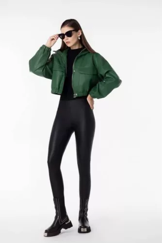 Beunique Fashion Ecobőr dzseki bomber fazon dark green