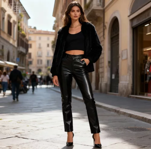 Beunique Fashion Műbőr francia zsebes nadrág Fekete M méret