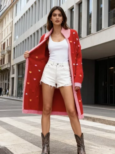 Beunique Fashion Kötöttt kardibán 3D szívekkel Red One Size