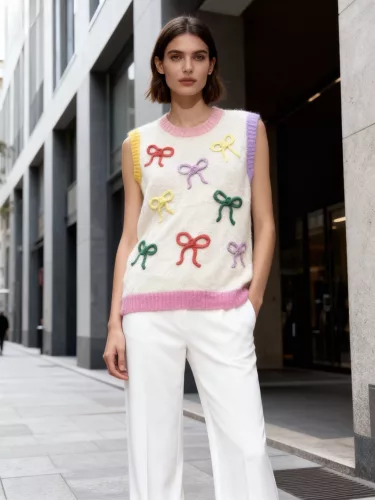 Beunique Fashion Kötött masni hímzett mellény Beige One Size