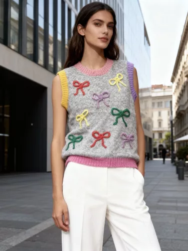 Beunique Fashion Kötött masni hímzett mellény Grey One Size