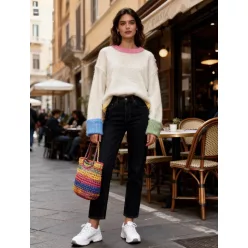   Beunique Fashion Kötött pulcsi multicolor gomd dísszel Beige One Size