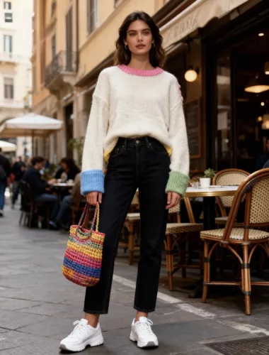 Beunique Fashion Kötött pulcsi multicolor gomd dísszel Beige One Size