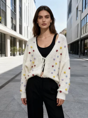 Beunique Fashion Horgolt kardigán 3D pötyökkel Beige One Size