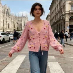   Beunique Fashion Horgolt kardigán 3D pötyökkel Pink One Size