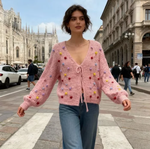 Beunique Fashion Horgolt kardigán 3D pötyökkel Pink One Size