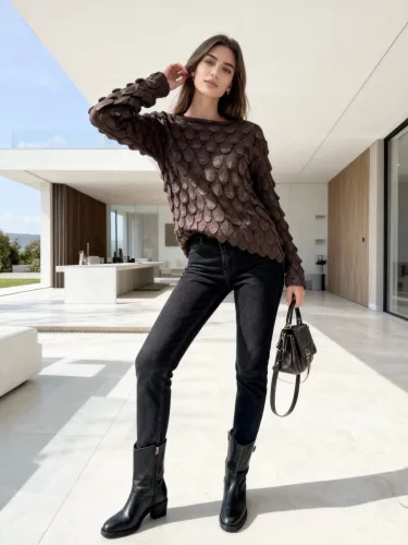 Beunique Fashion Horgolt pikkely mintás pulcsi Coffee One Size