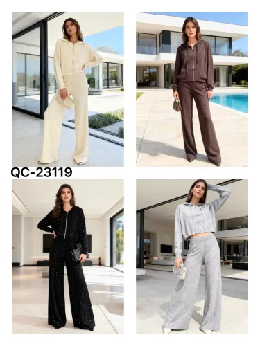 Beunique Fashion Csillogó rátétes finom kötött szabadidő szett Apricot One Size