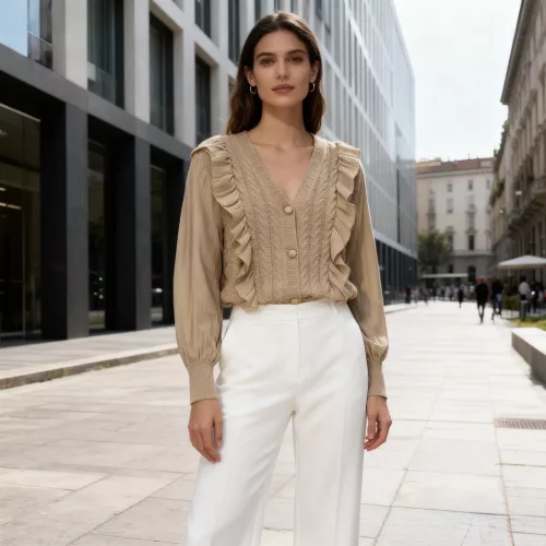 Beunique Fashion Finomkötött zsabós kardigán Taupe One Size