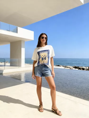 Beunique Fashion pamut póló Teddy mintával Dark Blue