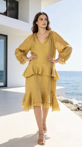 Beunique Fashion fodor díszítéses hernyó selyem ruha Okker