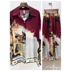   Beunique Fashion Toscan mintás nadrág ing szett Burgundy One Size