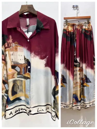 Beunique Fashion Toscan mintás nadrág ing szett Burgundy One Size