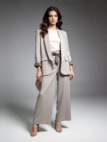 Beunique Fashion párduc mandzsettás palazzó nadrágos párduc öves szett Dark Beige One Size