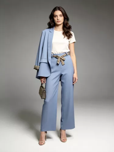 Beunique Fashion párduc mandzsettás palazzó nadrágos párduc öves szett Light Blue One Size