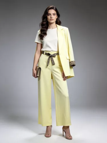 Beunique Fashion párduc mandzsettás palazzó nadrágos párduc öves szett Pastel Yellow One Size