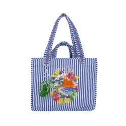   Beunique Fashion kék csíkos textíl táska trópusi mintával pántján dísszel