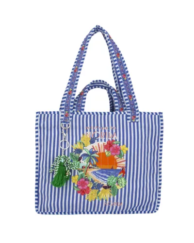 Beunique Fashion kék csíkos textíl táska trópusi mintával pántján dísszel