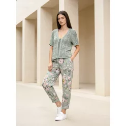   Beunique Fashion rugalmas pamut nadrág virág mintával szűkszárú felhajtós Green One size