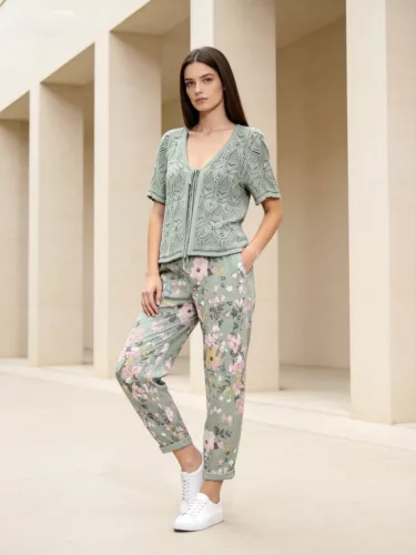 Beunique Fashion rugalmas pamut nadrág virág mintával szűkszárú felhajtós Green One size