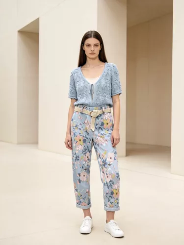 Beunique Fashion rugalmas pamut nadrág virág mintával szűkszárú felhajtós Light Blue One size