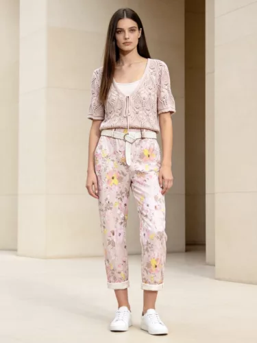 Beunique Fashion rugalmas pamut nadrág virág mintával szűkszárú felhajtós Soft Pink One size