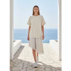   Beunique Fashion finomkötött ruha alján asszimetrikus selyemszatén csipke rátétes szoknya résszel Beige One size