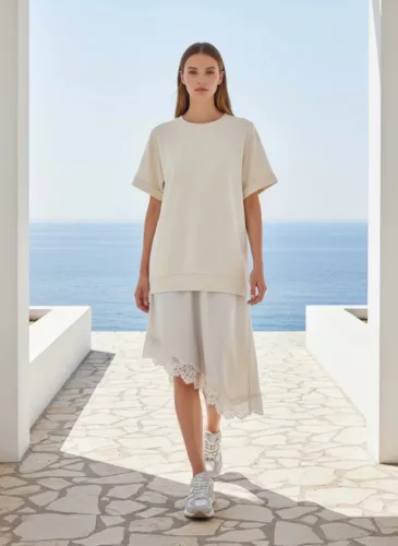 Beunique Fashion finomkötött ruha alján asszimetrikus selyemszatén csipke rátétes szoknya résszel Beige One size