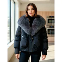 Beunique Fashion Fekete téli kabát prémes gallérral S 